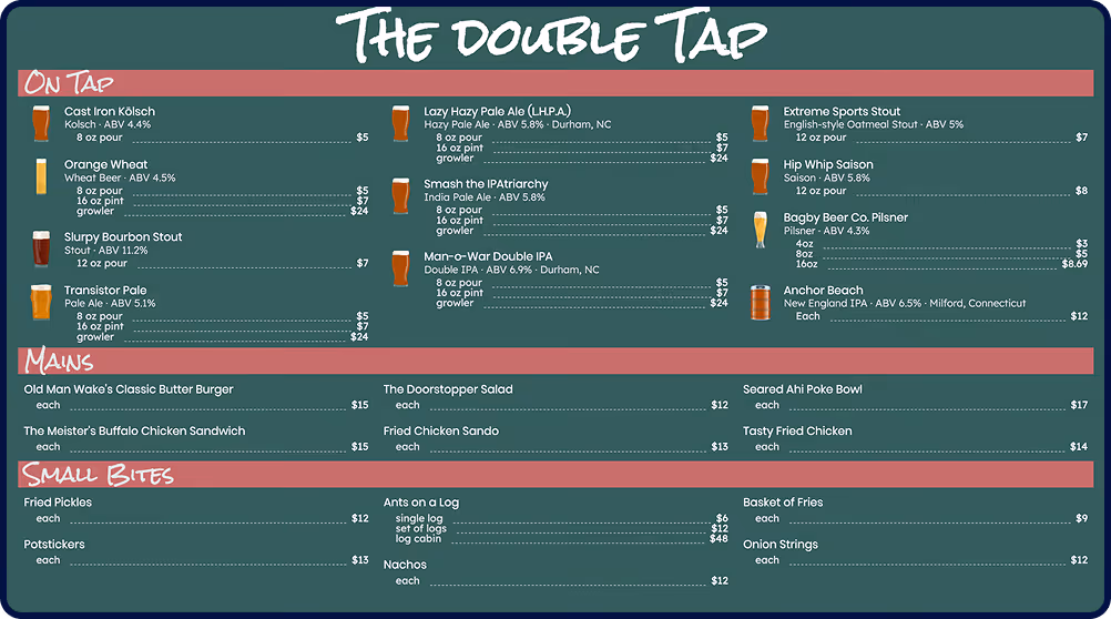 Menu titled The Double Tap featuring sections On Tap with various beers